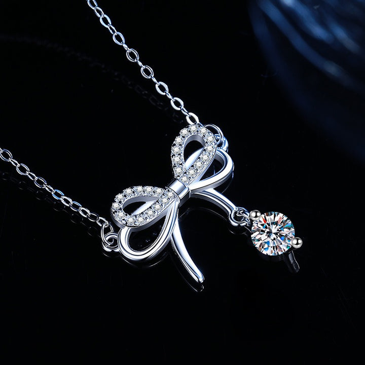 S925 Sterling Silver Pavé Bow Necklace with Dangling Charm