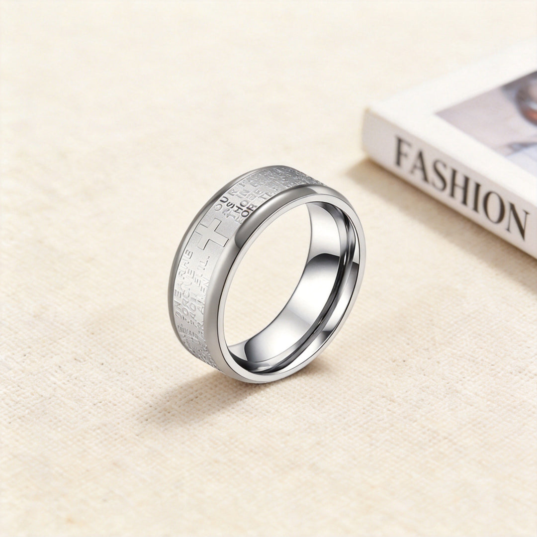 Stainless Steel Two-Tone Lord's Prayer Cross Wide Band Ring
