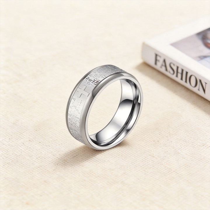 Stainless Steel Two-Tone Lord's Prayer Cross Wide Band Ring