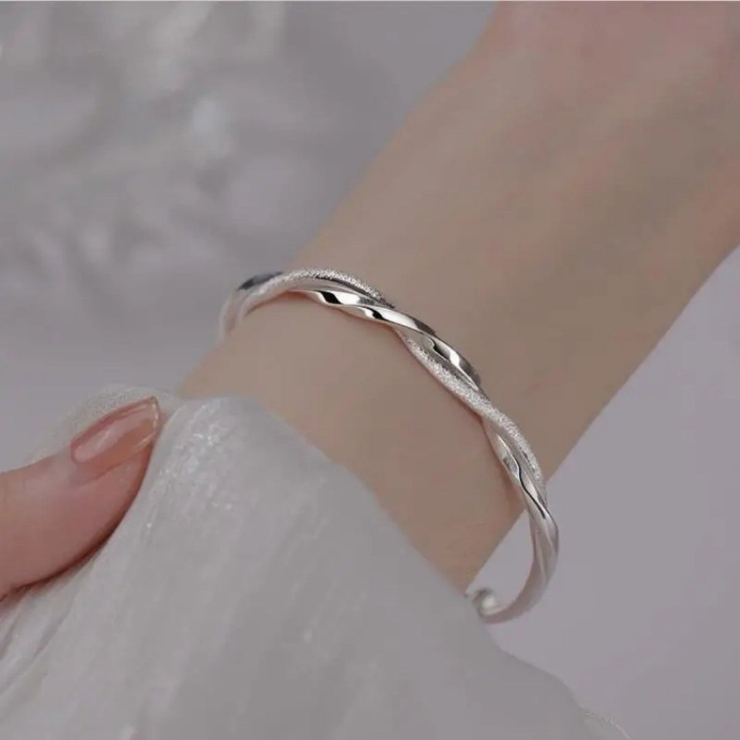S925 Sterling Silver Twisted Dual-Texture Open Bangle