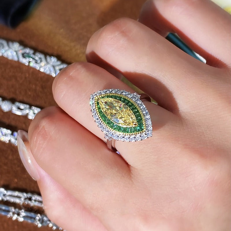 S925 Sterling Silver Marquise Double-Halo Colorful Gemstone Ring