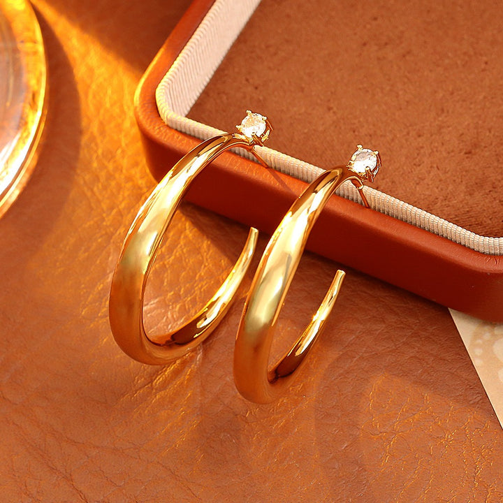 Minimalist Chunky C-Hoop Stud Earrings with Pavé Crystal