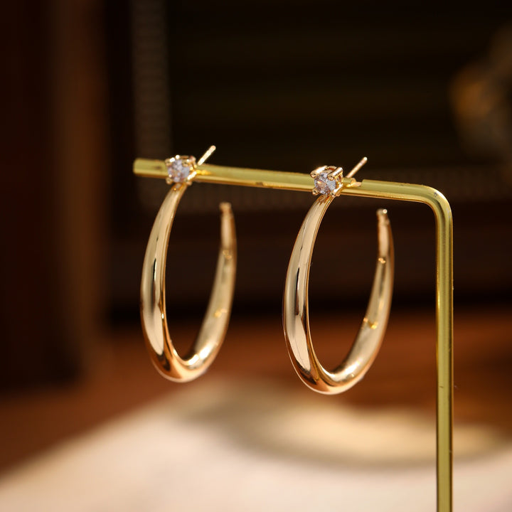 Minimalist Chunky C-Hoop Stud Earrings with Pavé Crystal