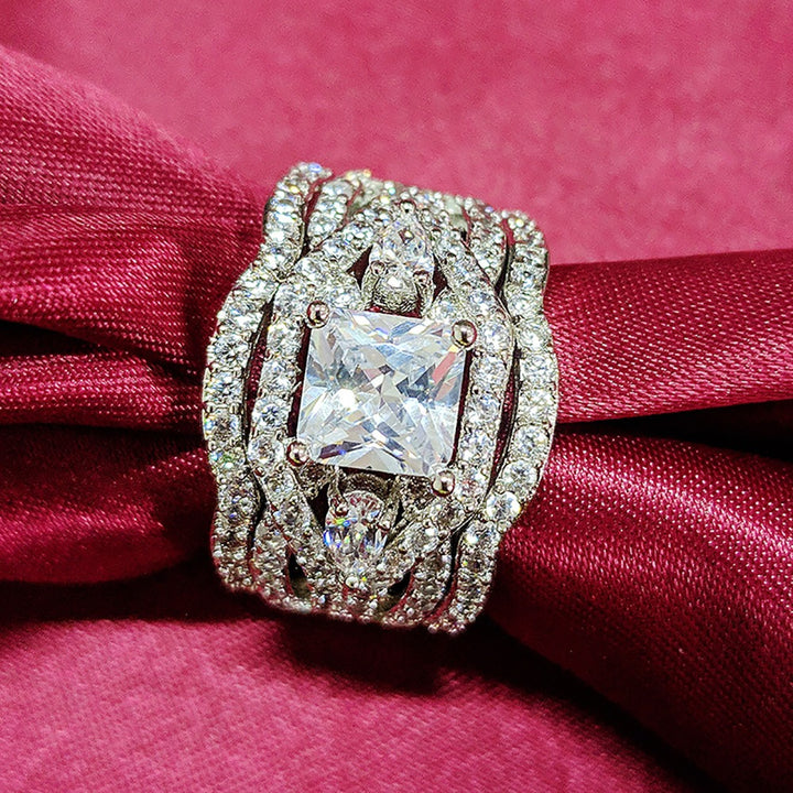 S925 Sterling Silver Princess-Cut Marquise Halo Pavé Wide Band Ring