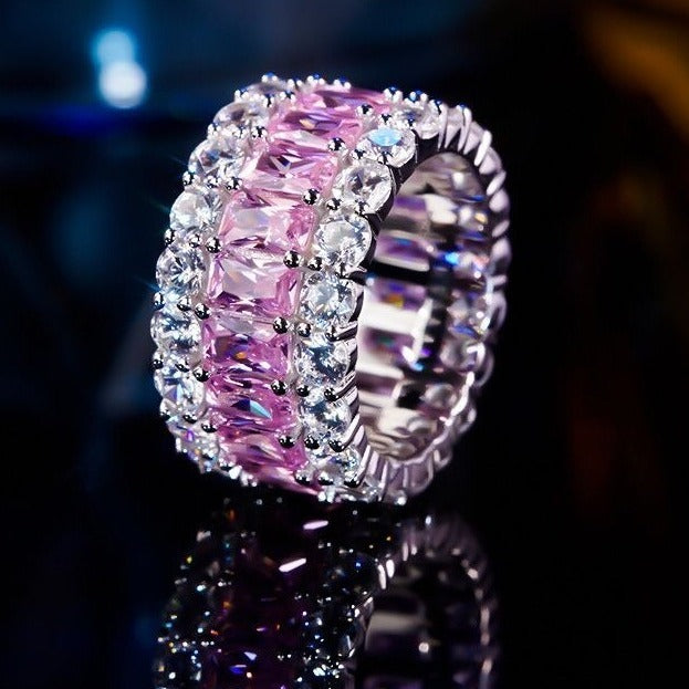S925 Sterling Silver Triple-Layer Geometric Pavé Wide Band Ring