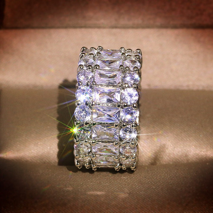 S925 Sterling Silver Triple-Layer Geometric Pavé Wide Band Ring