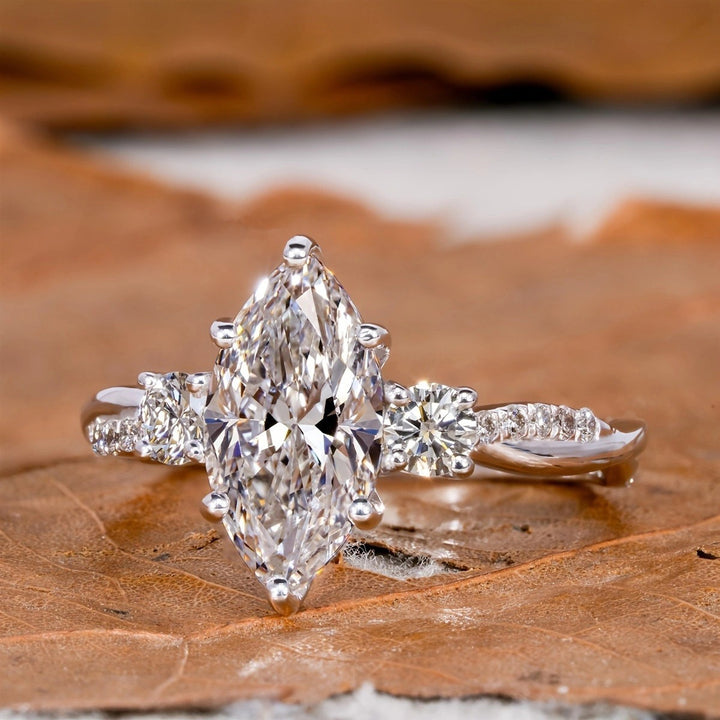 S925 Sterling Silver Marquise-Cut Three-Stone Pavé Ring