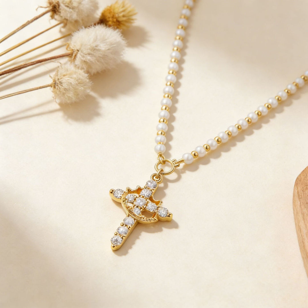 French Elegance Faux Pearl Beaded Micro-Pavé Cross Necklace