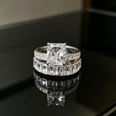 S925 Sterling Silver Emerald-Cut Solitaire Eternity Band Stacking Set