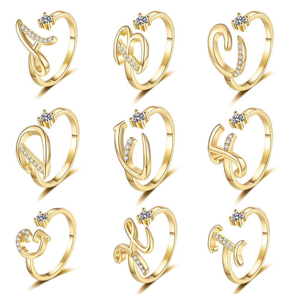 Dainty Cursive Initial Open Ring with CZ Accent