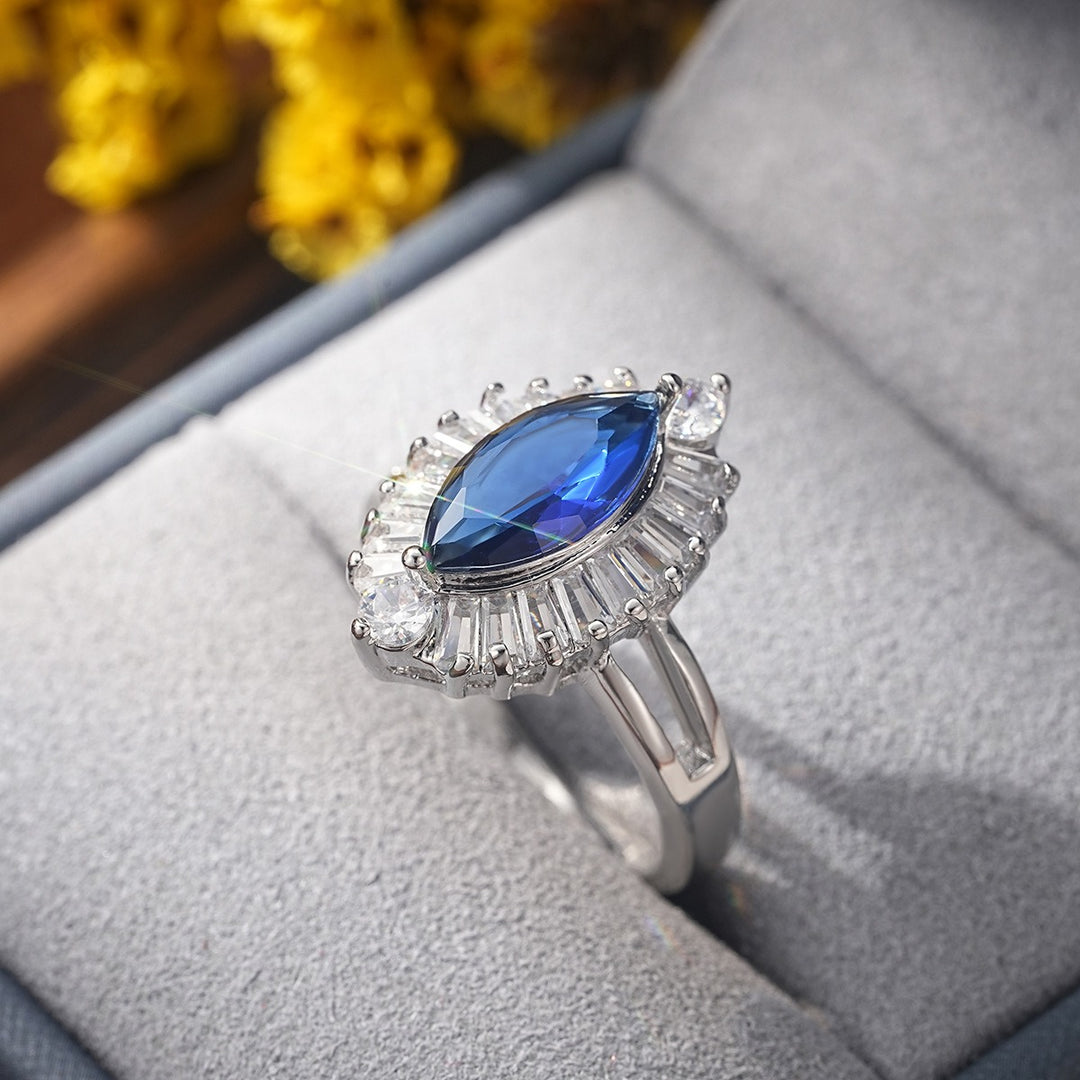 Deep Sea Starburst Art Deco Marquise Sapphire Ring