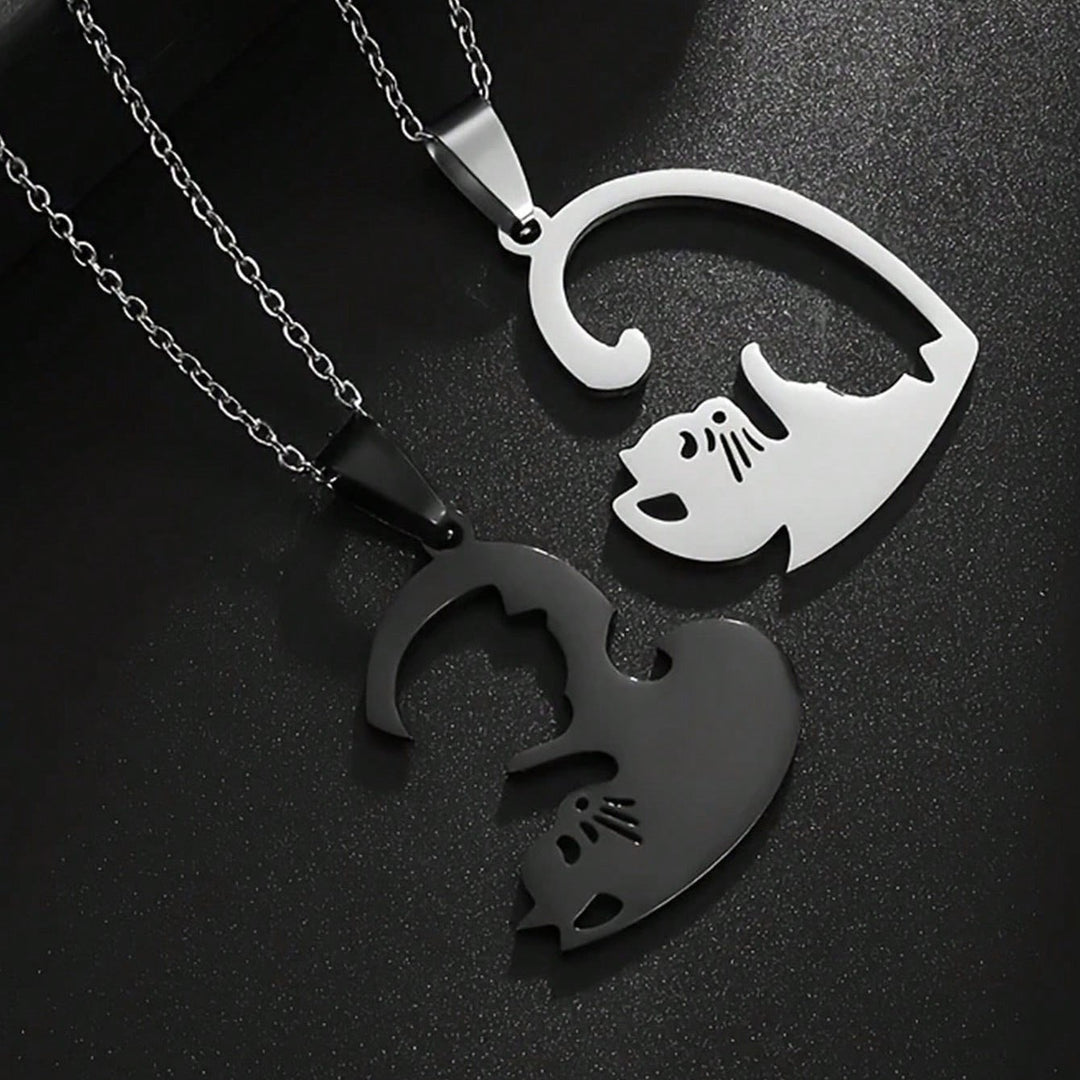 Purrfect Bond Titanium Steel Couple Necklace & Ring Set Adorable Companion Love Token for Two