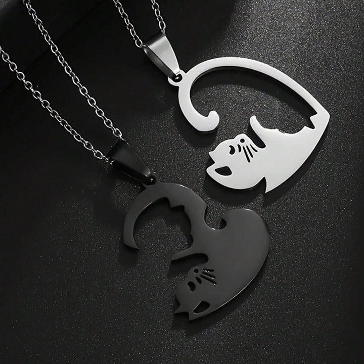 Purrfect Bond Titanium Steel Couple Necklace & Ring Set Adorable Companion Love Token for Two