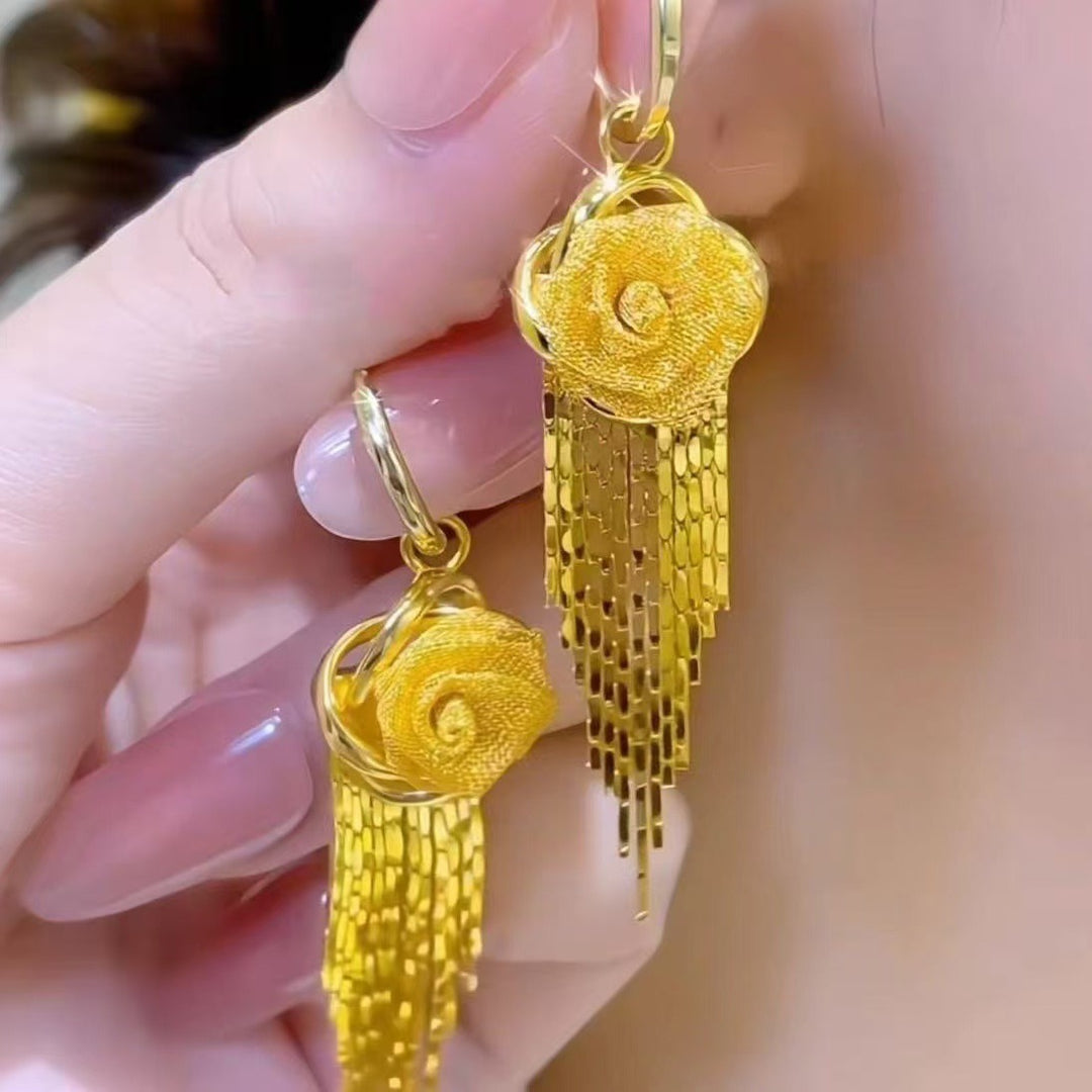Gilded Rose 18K Gold Rose Tassel Huggie Earrings Vintage Glamour at Your Ears（A Pair）