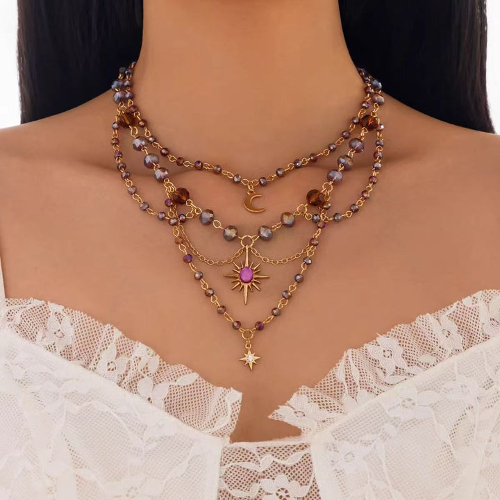 Celestial Lullaby 14K Gold Amethyst Moon Sun Star Layered Necklace
