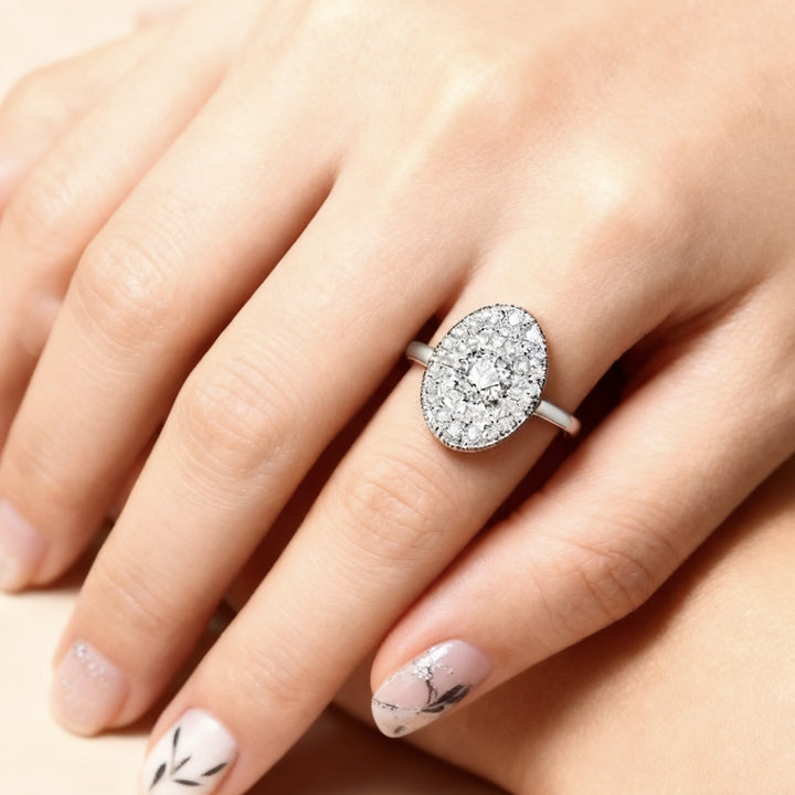 Sunlight Tiara 18K Gold Oval Double Halo Diamond Ring
