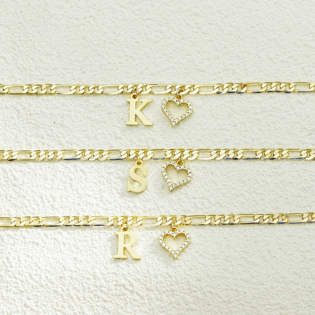 Personalized Initial 26-Letter Heart Pave Figaro Chain Gold Anklet
