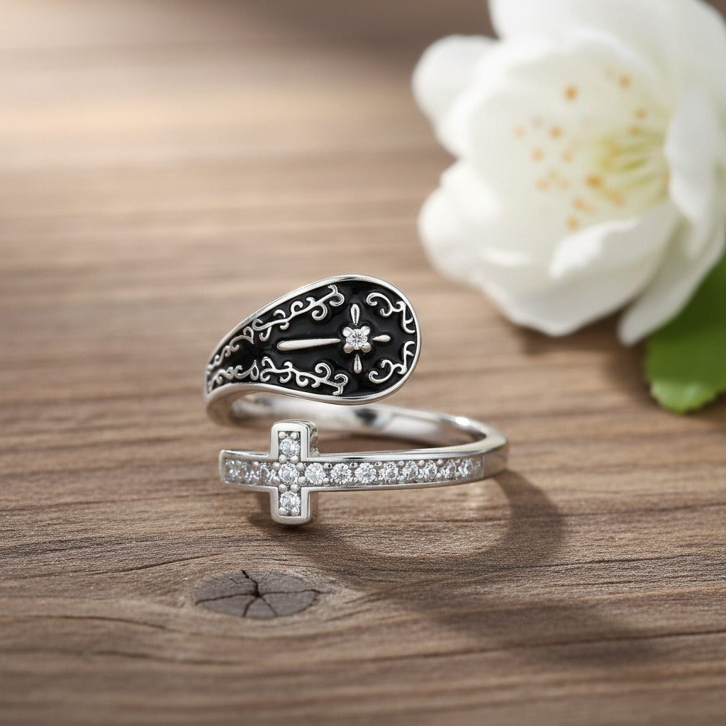 Divine Shield S925 Silver Black Onyx Cross Open Ring