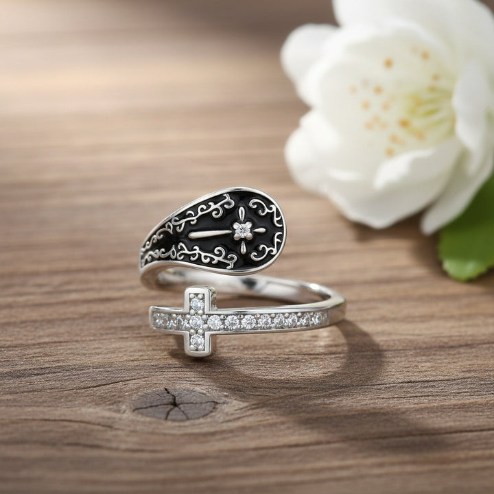 Divine Shield S925 Silver Black Onyx Cross Open Ring