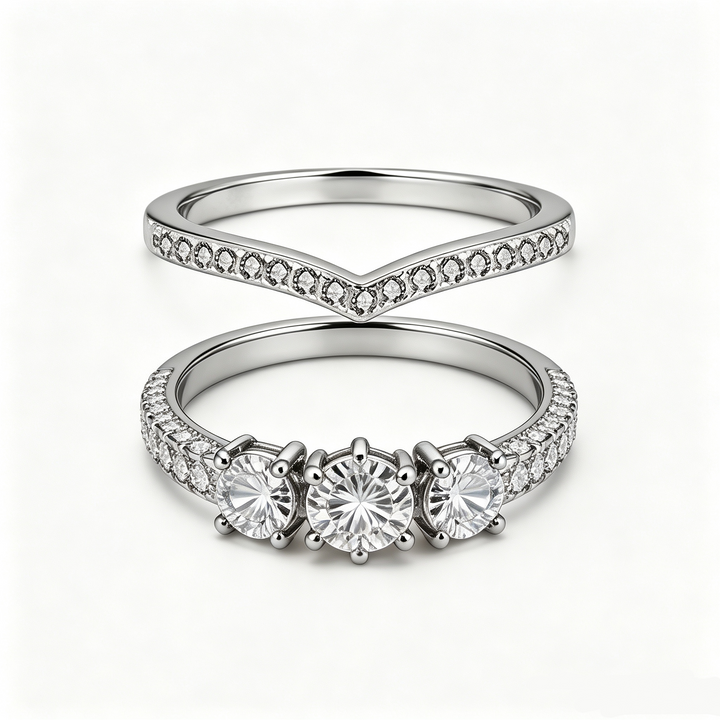 S925 Sterling Silver Three-Stone & Contour Pavé Stacking Ring Set