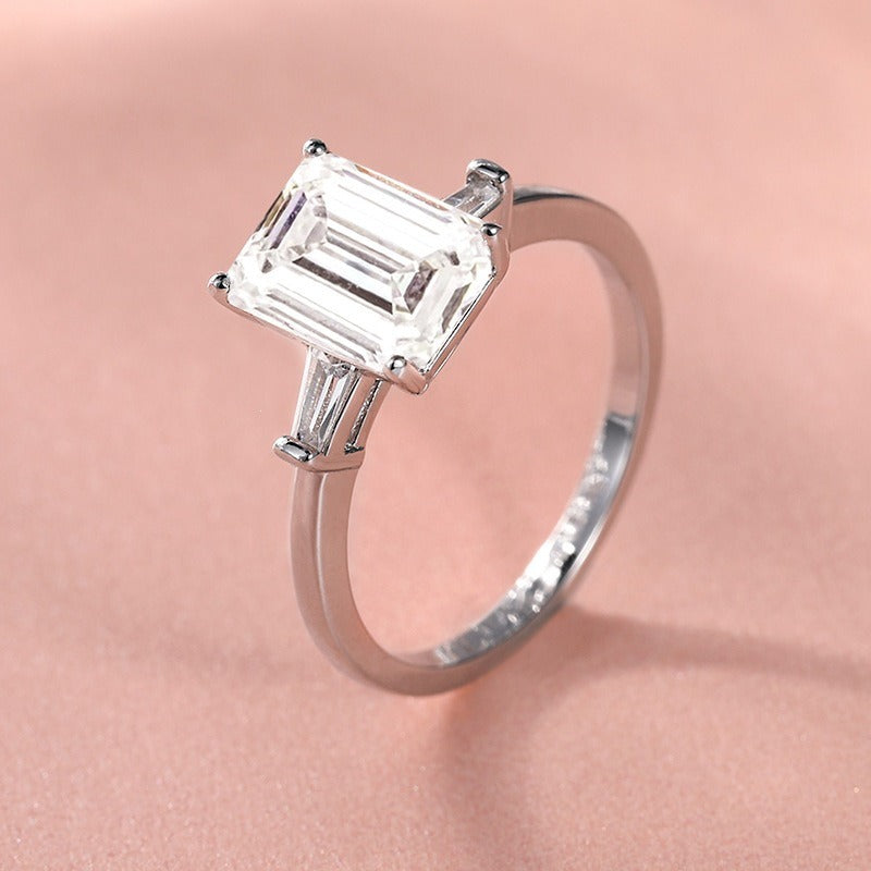 S925 Sterling Silver Emerald Cut Three-Stone Moissanite Ring