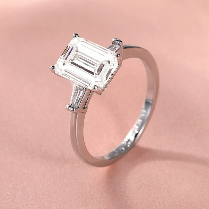 S925 Sterling Silver Emerald Cut Three-Stone Moissanite Ring