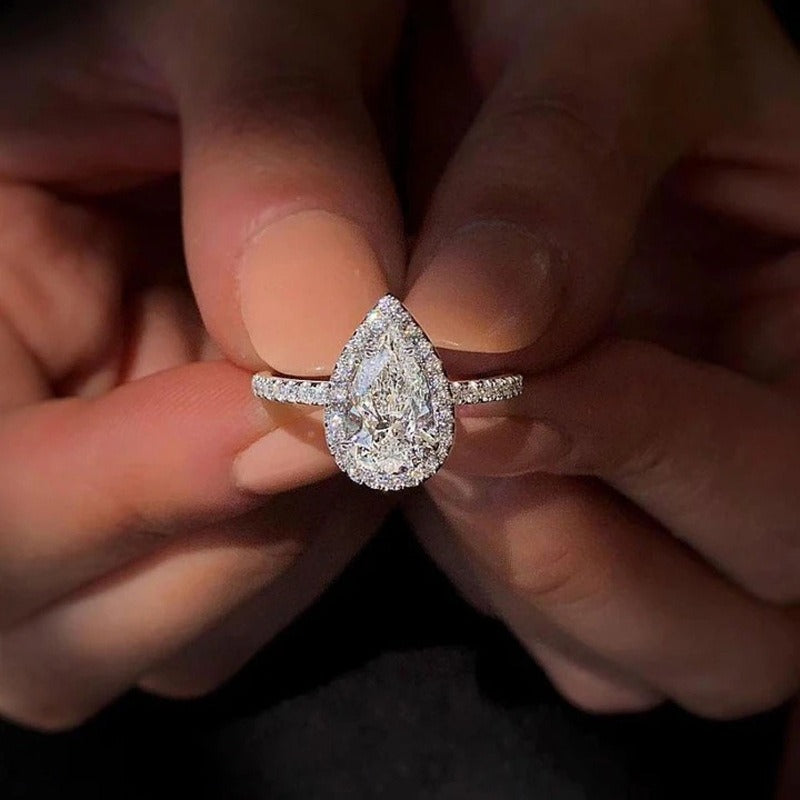 Sterling Silver Pear Cut Halo Engagement Ring