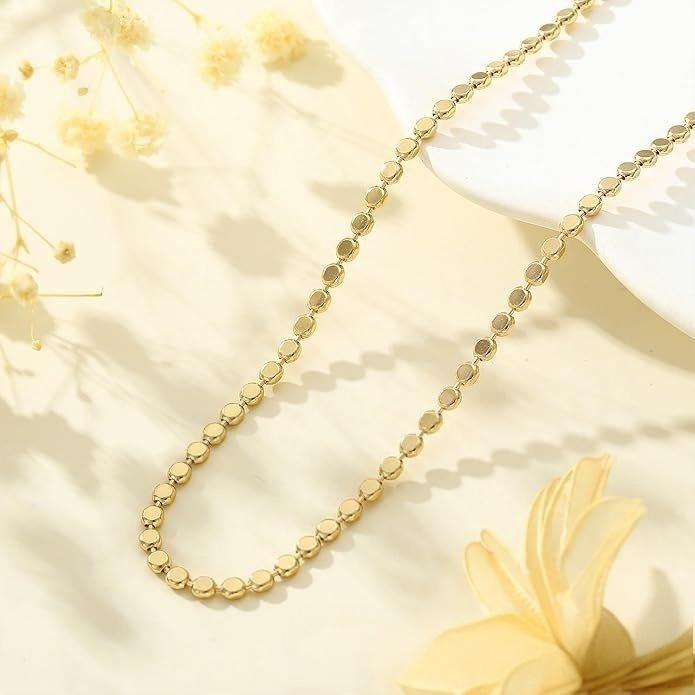 14K Solid Gold Minimalist Flat Bead Chain Necklace
