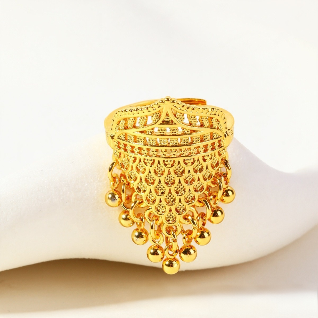 Gilded Cascade S925 Silver Gold-Plated Filigree Tassel Adjustable Ring