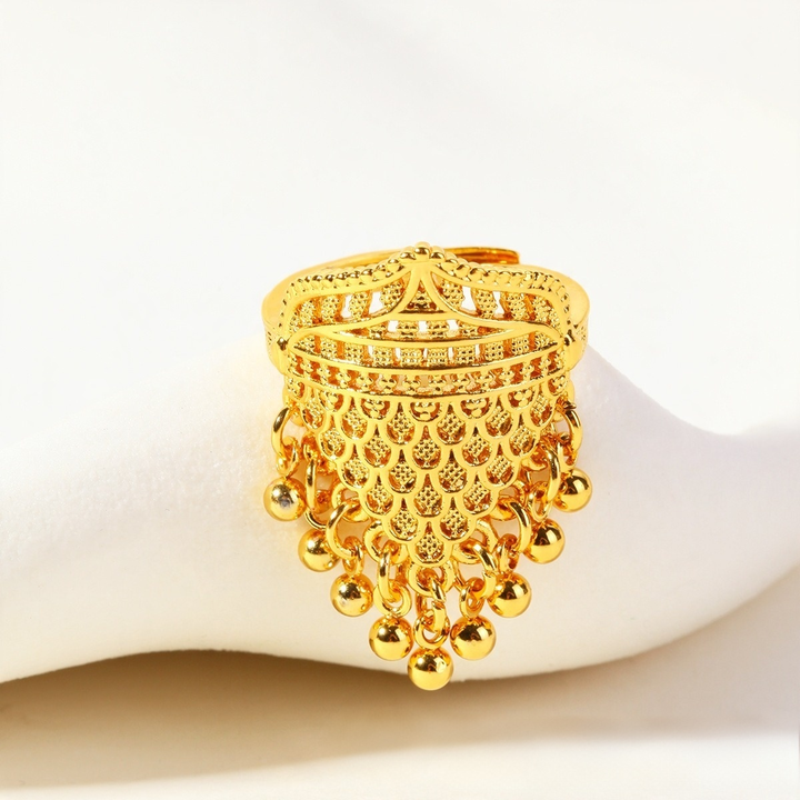 Gilded Cascade S925 Silver Gold-Plated Filigree Tassel Adjustable Ring