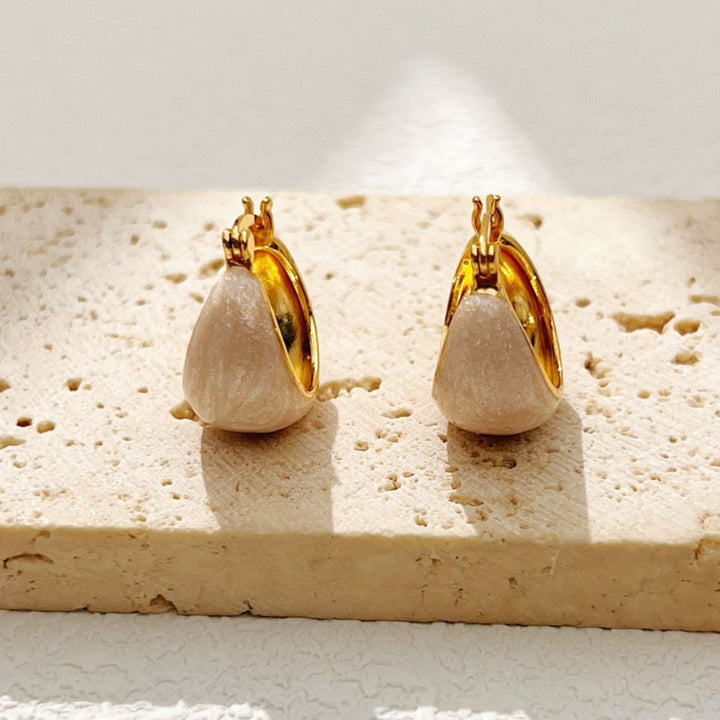 18K Gold Cream Frosted Teardrop Huggie Hoops Minimalist Sculptural Earrings