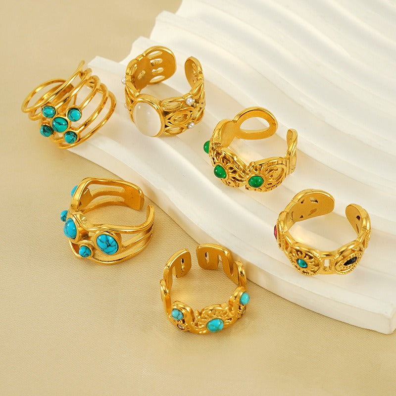 18K Gold Vintage Boho Natural Stone Open Ring