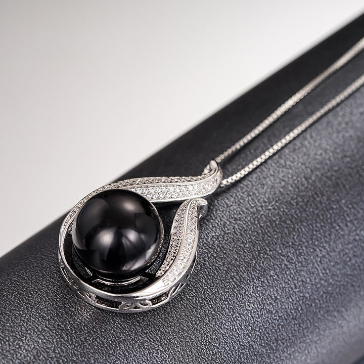 Silver Black Pearl & Pavé Streamline Necklace and Earrings Set