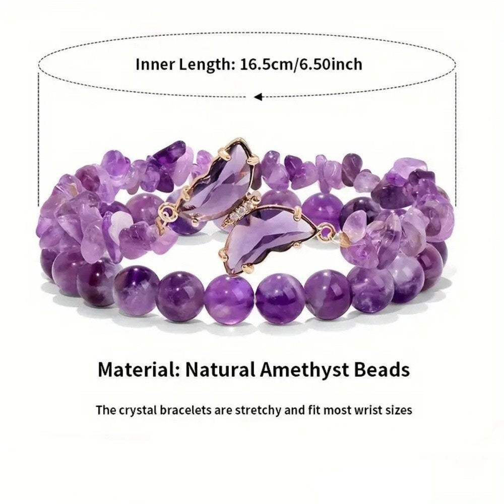 Butterfly Charm Natural Crystal Beaded & Chip Bracelet Set