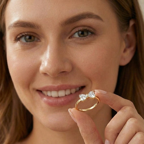 S925 Sterling Silver Double Heart Butterfly Ring Classic Elegant CZ Statement Ring
