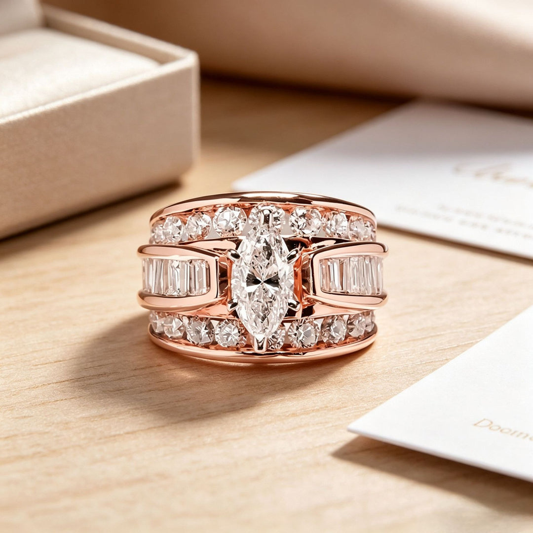 Vintage Wide Marquise Statement Mixed-Cut Pave Bands Ring