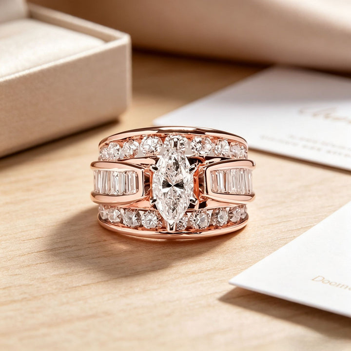 Vintage Wide Marquise Statement Mixed-Cut Pave Bands Ring