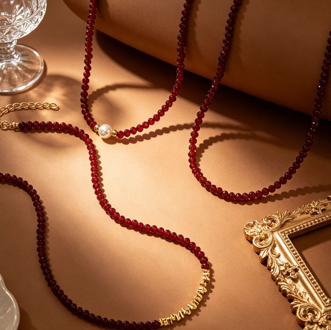 Vintage Garnet Red Beaded Pearl Necklace Set