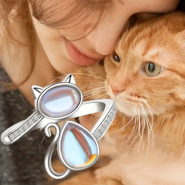 S925 Sterling Silver Moonstone Cat Ring