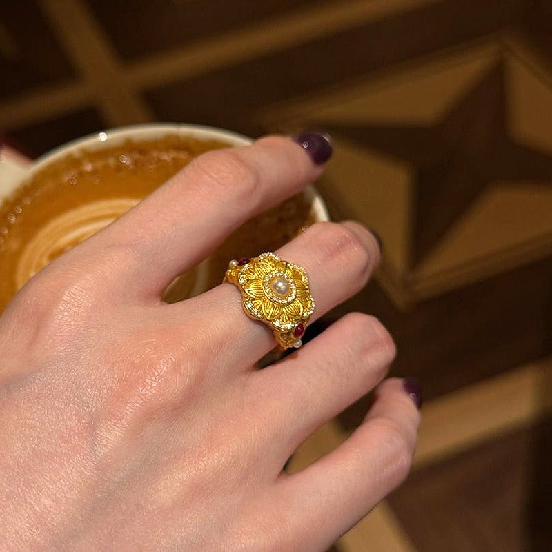 Vintage 18K Gold Plated Pearl & Ruby Floral Open Ring