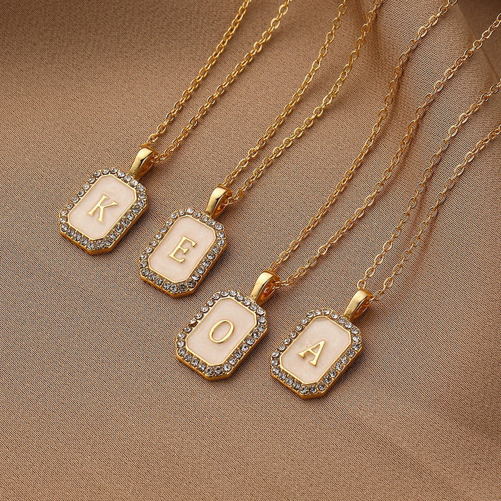 18K Gold Mother of Pearl Initial Necklace CZ Framed A-Z Square Letter Pendant