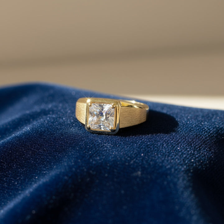 S925 Sterling Silver Wide Brushed Half-Bezel Princess Cut Ring