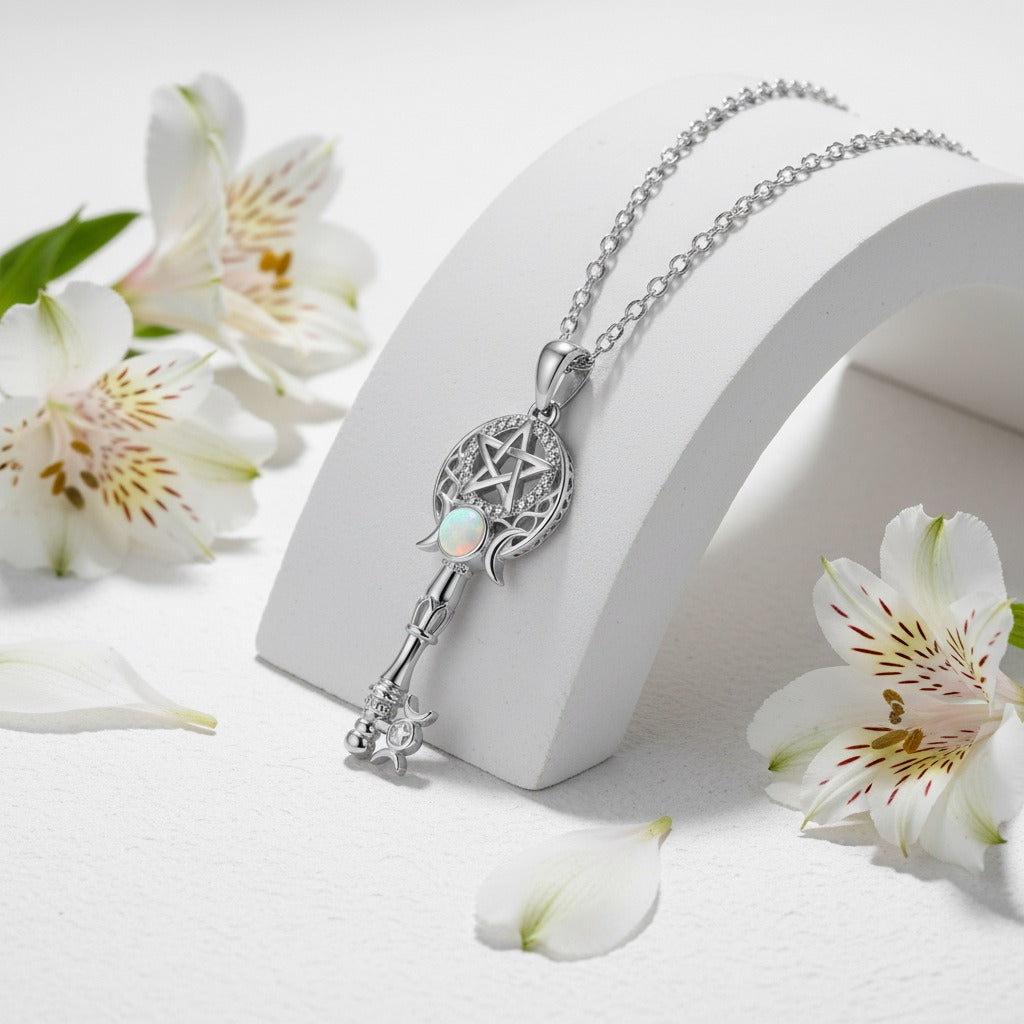 S925 Silver Opal Triple Moon Goddess Key Necklace