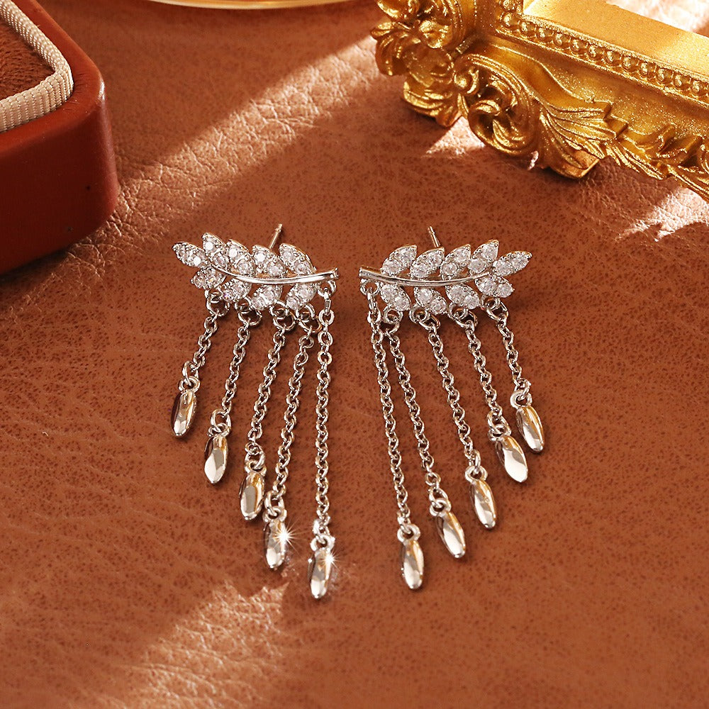 S925 Silver Pavé Laurel Leaf Tassel Earrings Botanical Ethereal Long Drop Earrings