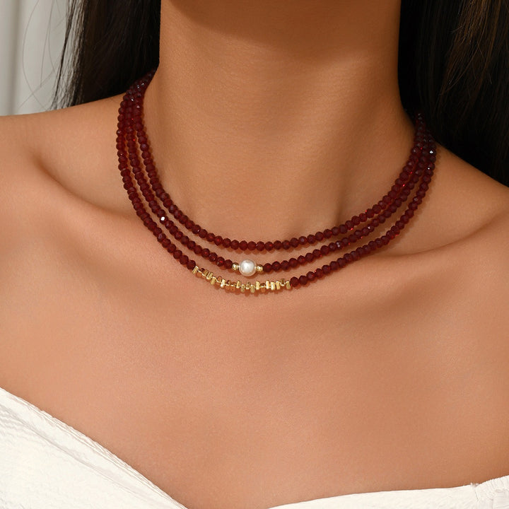 Vintage Garnet Red Beaded Pearl Necklace Set