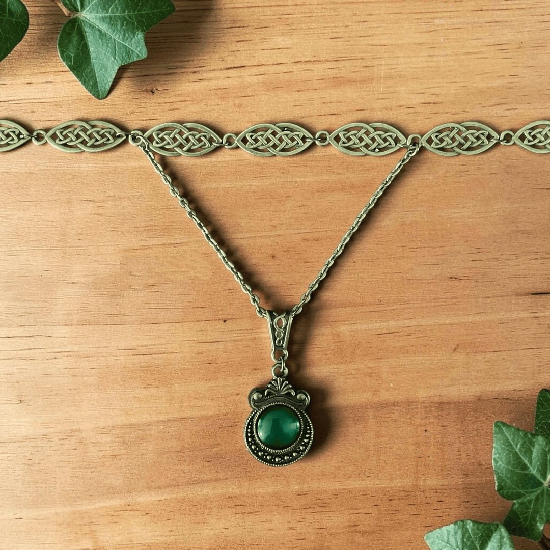 Vintage Celtic Knot Green Stone Choker Mystical Druid Nature Necklace
