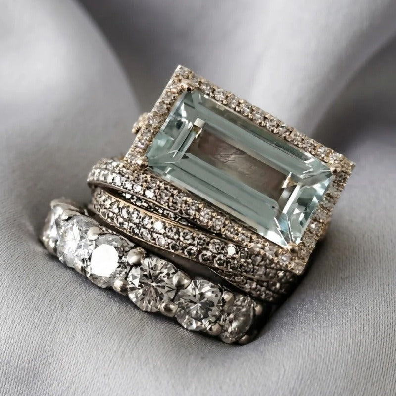 S925 Sterling Silver Vintage Rectangular Stone 3-Piece Ring Set Luxe Stacking Pavé Band Set