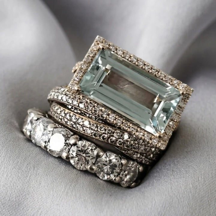 S925 Sterling Silver Vintage Rectangular Stone 3-Piece Ring Set Luxe Stacking Pavé Band Set