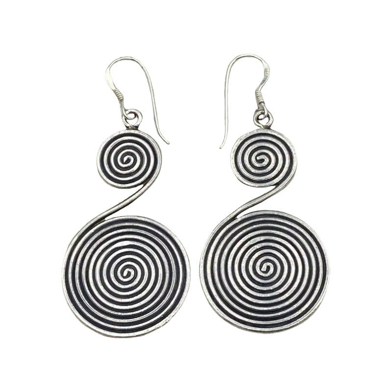 Vintage Spiral Drop Earrings Oxidized Silver-Tone Double Disc Dangle