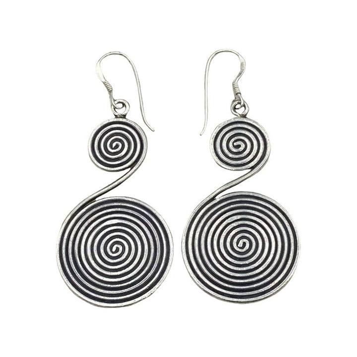 Vintage Spiral Drop Earrings Oxidized Silver-Tone Double Disc Dangle